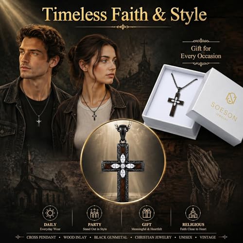 Cross Necklace for Men 925 Sterling Silver Cross Ebony Wooden Ankh Raven Praying Hands Crucifix Amulet Religious Jewelry Gifts for Men Women - color: Cross17