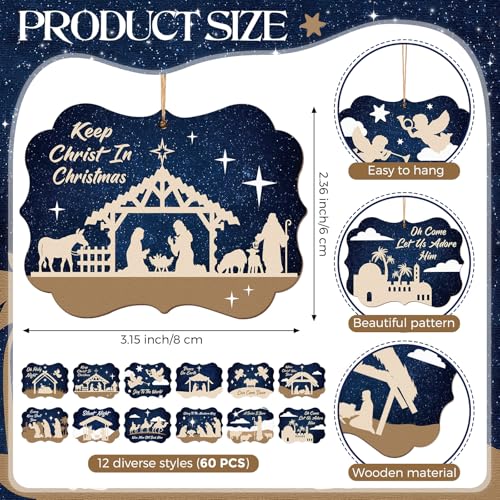 Soaoo 60 Pcs Christmas Nativity Scene Ornaments Bulk Wooden Decor, Square - style: Square