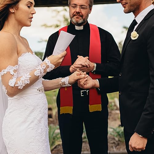 Panitay Embroidered Wedding Reversible Stole with Tassels Clergy Mass Stole with Cross Wedding Pastor Shawl - color: Red and White, style: Classic