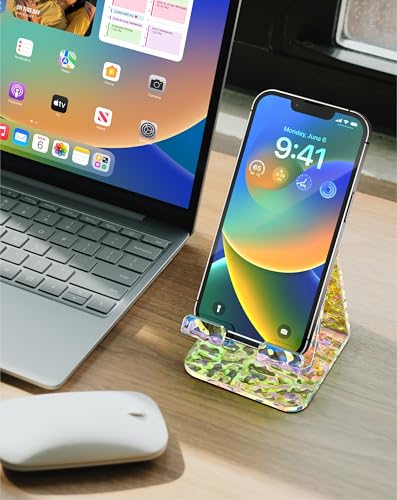 Acrylic Cell Phone Stand, Phone Holder for Office Desk, Vanity, Kitchen Counter, Bedside Table, Compatible with iPhone 17 16 15 14 13 12 11 Pro Max/Smartphones/iPad/Switch - Iridescent Wave
