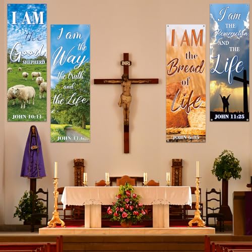 chiazllta 4Pcs Church Banners for Sanctuary Wall Welcome Religious Hanging Backdrop Christian Bible Verse Banner Scenic Pattern Inspirational Christian Decor for Church Sunday School Decoration