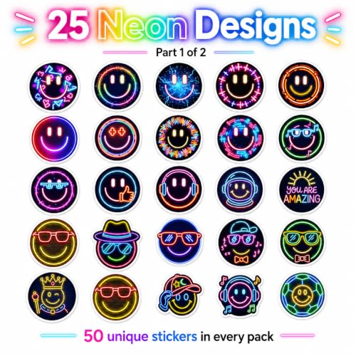 Neon Smiley Face Stickers for Kids, 50 Pcs, 2.12 Inch Waterproof - color: Neon Smiley