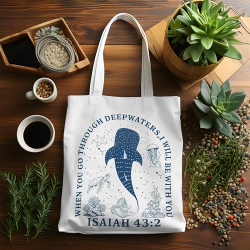 VICBOU Bible Verse Canvas Tote Bag Religious Christian Gifts for Women Men Faith Canvas Tote Reusable Grocery Bag - color: Whale01