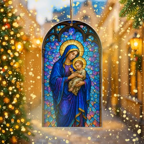 Stained Glass Nativity Ornament – Holy Family Christmas Ornament 2025, Flat Acrylic Sun Catcher, Religious Christian Tree Decoration, Catholic Gift for Mom Dad Family