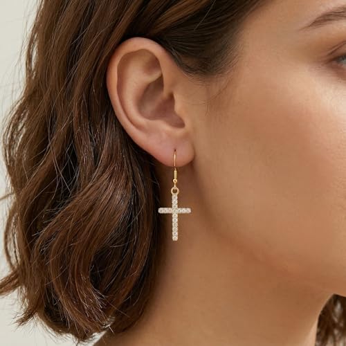 Cross Earrings for Women with 925 Sterling Silver Hooks for Sensitive Ears - color: Gold Tone, CZ