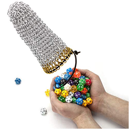 Mythrojan Chainmail Game Dice Bag | Medieval Drawstring Aluminium Ring Pouch for DND, Role Playing, Games, Storing Dices, Accessories | Chainmaille DND Dice Pouch with Brass Polished Edges Ring