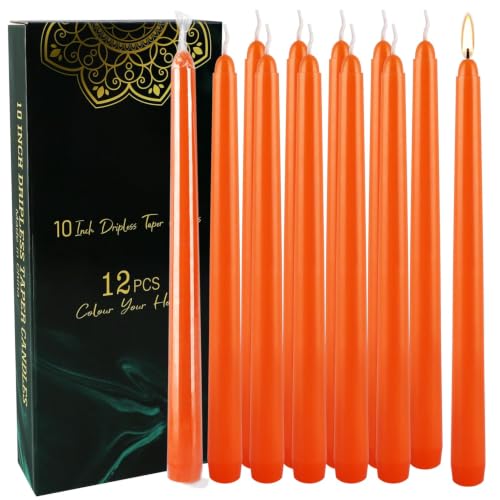 12 Pack 10 Inch Orange Taper Candles, Dripless Wax - color: orange1-10"12pcs