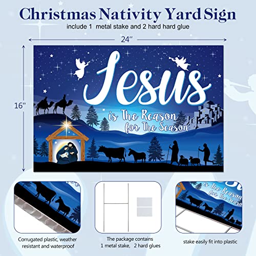 Capoda 24inch Christmas Holy Nativity Yard Sign with Stakes Jesus Is the Reason for Season Lawn Sign Manger Religious Xmas Yard Decorations Outdoor for Religious Xmas Outdoor Party Decor(Blue) - color: Blue