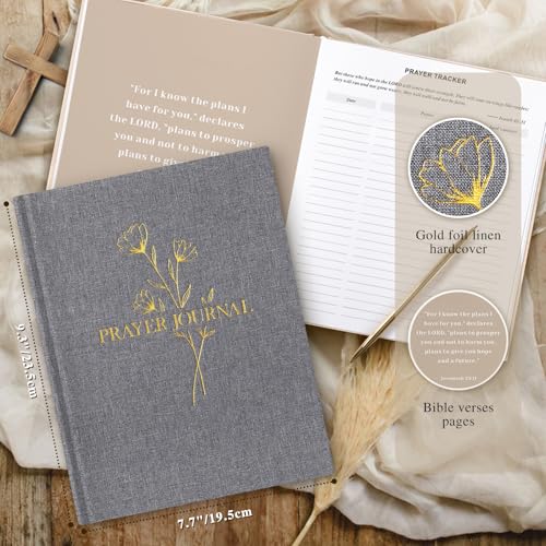 Lanpn Bible Prayer Journal for Women Men, 68 Weeks Linen Bible Study Journal Christian Prayer Notebook Planner with Scripture Verse, Devotional Journal Religious Christian Faith Gifts Women, Grey - color: Grey