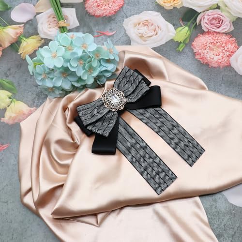 Womens Bow Tie Adjustable Rhinestone Bowtie for Women Ladies Girls Pre-tied Womens Tie for Shirt Suit Uniform - color: Black-brooch