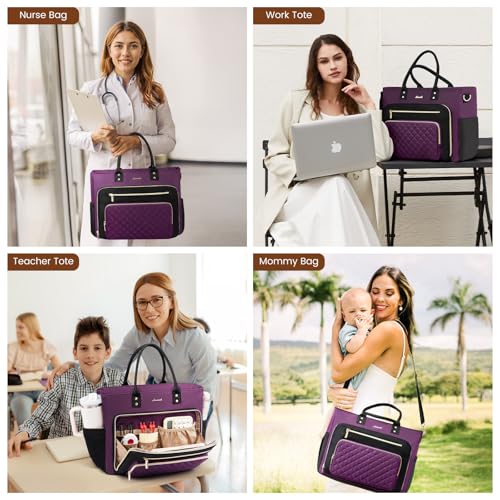 LOVEVOOK Teacher Tote Bag for Women Work, Laptop Bag Work Tote Bag Nurse Bags With Large Cup Holder, Professional Computer Briefcase Business Large Purses Handbag, Diaper Bag Mother Gift, Black-Purple - color: Black-purple, size: 17.3 inch