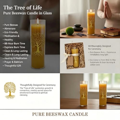 CYS-Edge Tree of Life Pure Beeswax Prayer Candles in Glass Jars, 3 Pack, 204-Hour Total Burn, 1.8 x 5.9 Inch, Yellow Christian Devotional Candles - size: 1.8 x 6inches