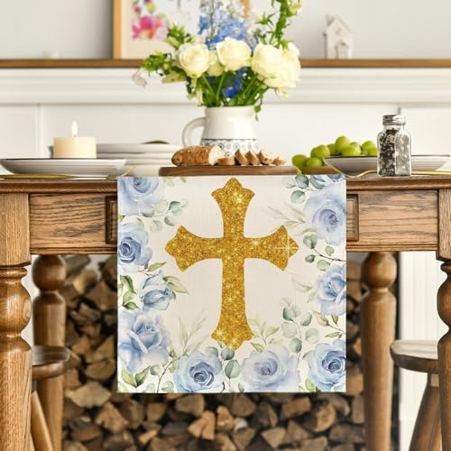 Artoid Mode Blue God Bless Boy Baptism Baby Shower Table Runner, First Holy Communion Christening Holiday Kitchen Dining Table Decoration for Home Party Decor 13x90 Inch - color: Blue, size: 13" x 90", Table Runner