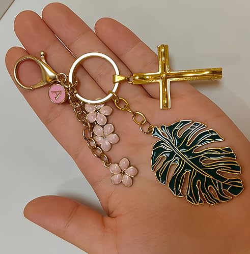 Cross Keychain for Women Jesus Christian Purse Bag Charms Key Charm Gifts for Women Purse Charms for Handbags - color: Gold Tone With Pink Flower