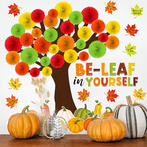 Gersoniel 81 Pcs Fall Thanksgiving Tree Bulletin Board for Classroom Be Leaf in Yourself Thanksgiving Tree Bulletin Board Decorations 3D DIY Paper Fans Pumpkin Cutouts Autumn School Home Wall Decor - style: Fall Leaf
