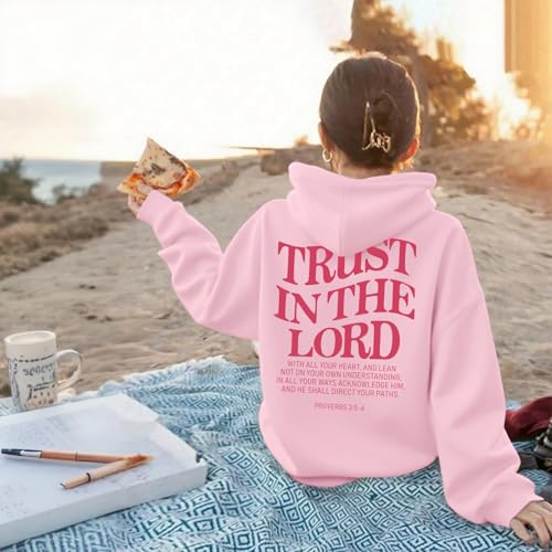 Trust In The Lord Graphic Hoodie For Girls Christian Jesus Hoodie Kids Faith Hooded Sweatshirt Preppy Pullover Tops - color: Pink, size: 13-14 Years