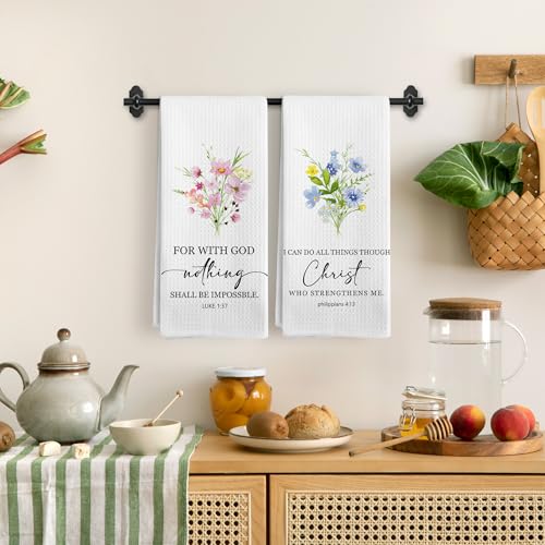 Christian Floral Kitchen Towels Set of 2, Christian Gifts for Women, Bible Verse Decor Dish Tea Towels for Kitchen, Faith Based Gifts Decorative Hand Towels for Bathroom, 16x24 Inches - color: Bible Floral-4