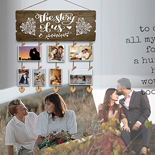 Newlywed Pictures Hanging Board with Clips and Twines, the Story of Us - color: burned wood