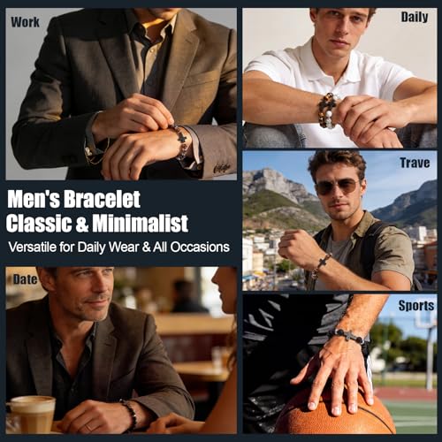 Tondiamo 4pcs Cross Bead Bracelet for Men 8mm Tigers Eye Lava Rock Onyx Black Obsidian American Flag Cross Bracelet Natural Stone Stretch Adjustable Black Wrist Beads for Men Women Gifts