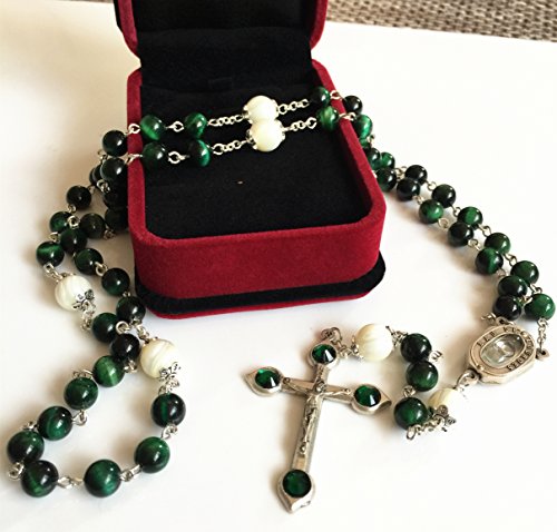 elegantmedical HANDMADE GREEN TIGER EYE BEADS CATHOLIC ROSARY CRUCIFIX NECKLACE Lourdes water Medal