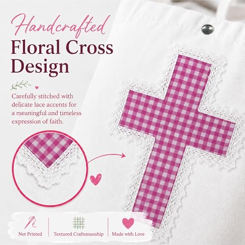 Christian Tote Bag Gift for Women, Canvas Bible Bag Handmade Floral Cross - color: White-pink Gingham