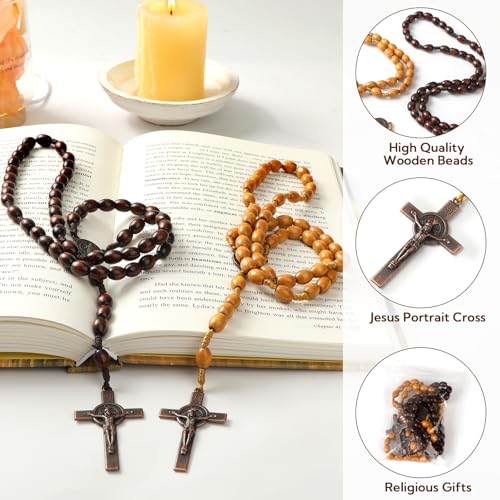 VZZNN 2 Pack Handmade rosary beads Wooden Catholic Rosaries - with Jerusalem Holy Soil Medal & Metal Cross Christian Rosary Bead for Women Men Unisex Jewelry Gift with San Benito Medal (Brown + Gray)