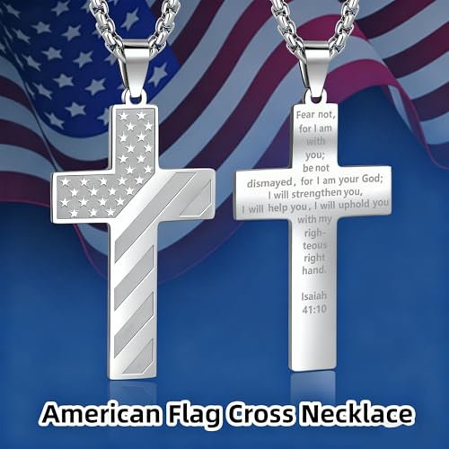 American Flag Cross Necklace for Men, Christian Confirmation Baptism Gifts - color: Silver, style: Isaiah 41:10
