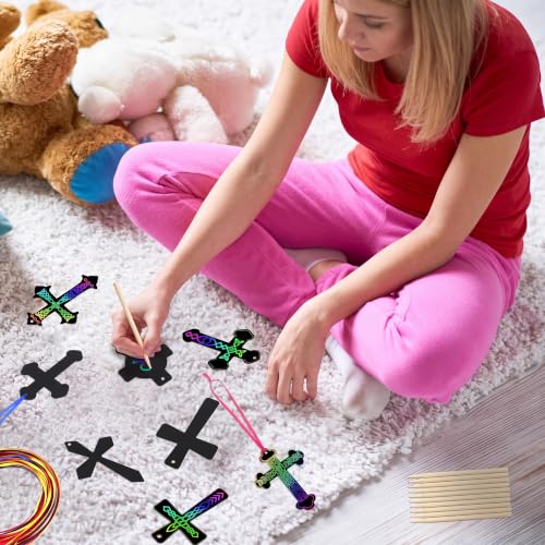 Chivao 80 Pcs Scratch Art Cross Ornaments Rainbow DIY Kit for Kids