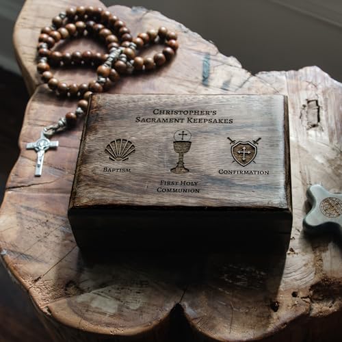Personalized Sacraments Keepsake Box – Custom Engraved Wooden Memory Box for Baptism, First Communion & Confirmation – Customized Catholic Gift for Boys & Girls