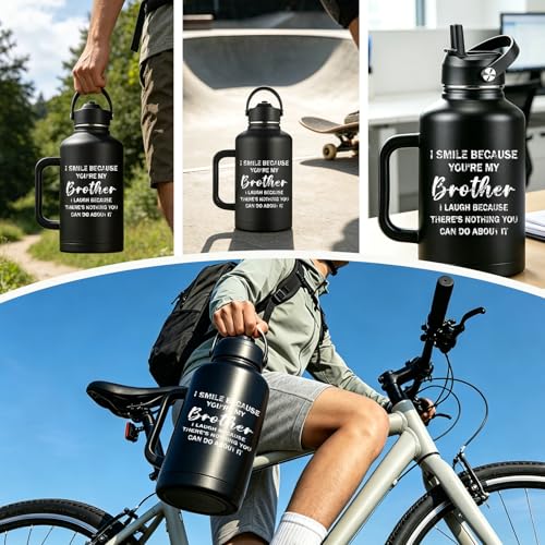 Brother Gifts 64 oz Water Bottle Insulated with Straw and Handle, Fathers Day Bro Gift from Sister, Best Brother Ever Gifts, Gift for Brothers Adult - I Smile Because You are My Brothers Tumbler - color: Brother
