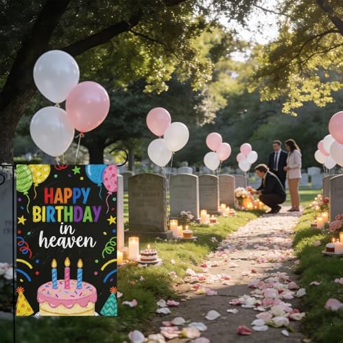 Cemetery Decorations for Grave, Happy Birthday in Heaven Garden Flags for Outdoor, Fun Balloon Cake Cemetery Funeral Memorial Banner for Farmhouse Decorations Supplies - color: Black