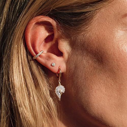 MYEARS Women Earrings Gold Huggie Hoop Dangle Drop 14K Gold Plated Small Simple Hypoallergenic Everyday Jewelry - style: Conch Shell