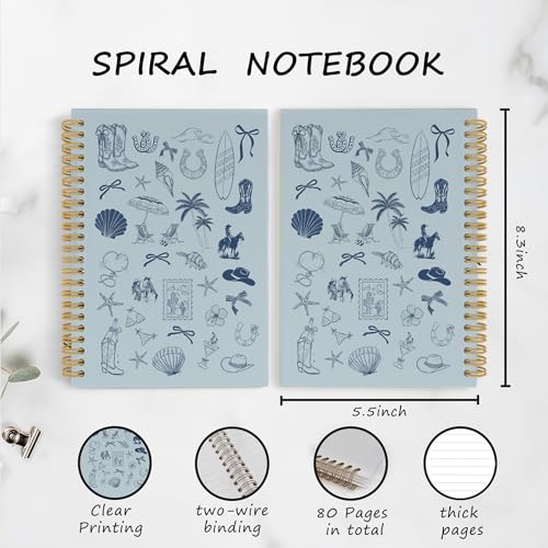 YLZlhb Blue Western Coastal Cowgirl Spiral Notebook Journal, Preppy Beach Notebooks for Note Taking, Cowgirl Gifts for Women, Girly Preppy Blue Ocean Hardcover Spiral Journal 5.5x8.3 Inches - color: cowgirl