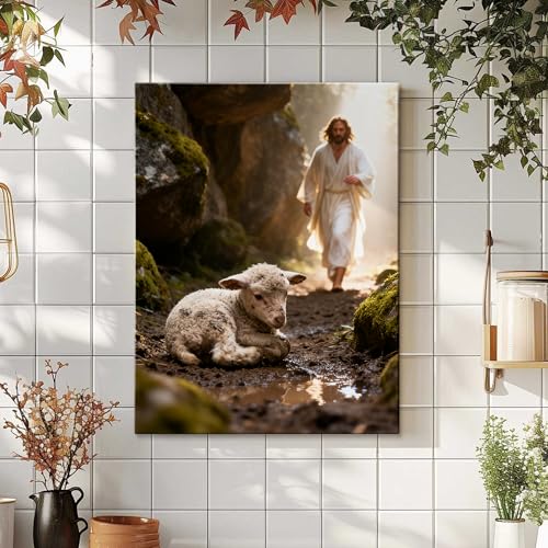 Jesus Saves the Lost Lamb Wall Art, Jesus Christian Canvas Wall Decor, Waterproof Religion Canvas Art Wall Decor Posters Paintings Prints for Living Room, Bedroom, Prayer Room, Framed 16x20 inch - color: Lamb -2, size: 16"L x 20"W