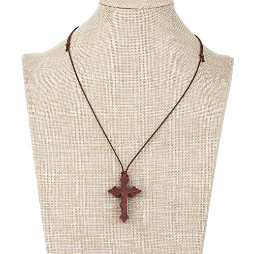 COTTVOTT Wood Orthodox Cross Pendant Necklace Christian Crucifix Necklace Prayer Jesus for Women Men - style: E-Red Color