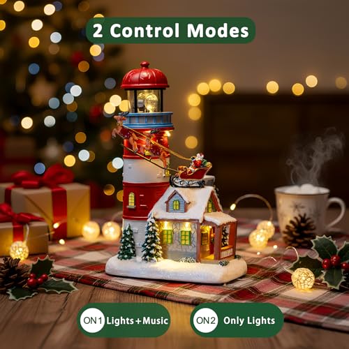 Candieslife Animated Musical Christmas Lighthouse Figurines with Rotating Beacon for Xmas Decor Gift, Tabletop Decorations Christmas Ornaments - color: Lighthouse