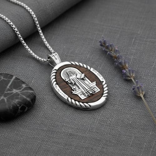 ONEFINITY Wooden Necklace Viking Wolf/St Benedict Medals/St Michael/Crucifix/St Christopher Pendant Necklace for Men Archangel Amulet Wooden Religious Jewelry Gifts for Men Women - style: St Benedict-Oval