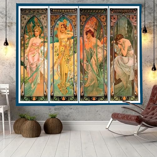 FENDROM Vintage Collection Tapestry Wall Hanging Art Home Decor, The Times of the Day Series by Alphonse Mucha Art Print Painting for Living Room Bedroom Bathroom Dorm - color: Vintage, size: 59"L x 51"W