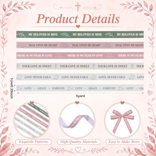 6 Rolls Bible Verse Ribbon, 3/8 Inch Grosgrain Religious Ribbon, Love Theme - color: Love