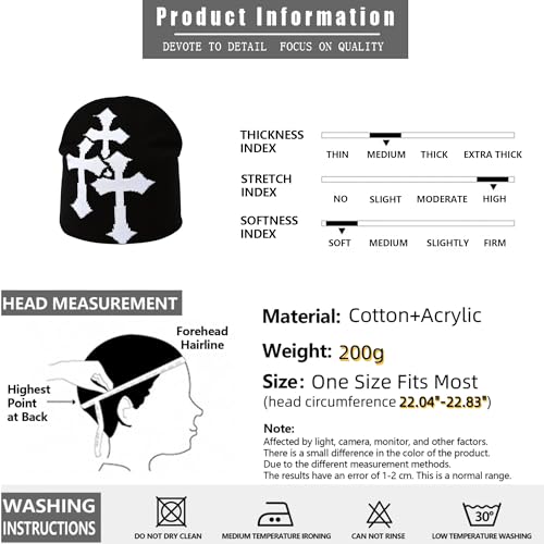 Fashion Knit Beanie with Cross Pattern Y2K Unisex Soft Jacquard Cap Popular Hip-Hop Cool Street Outdoor Sports Earflap Hat - color: Black