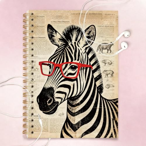 Funny Vintage Zebra Spiral Notebook for Women & Teen Girls, Retro Farmhouse Journal with Red Glasses, 5.5x8.3 Inch Lined Notebook for School, Office, Writing & Gifts - color: Vintage Zebra