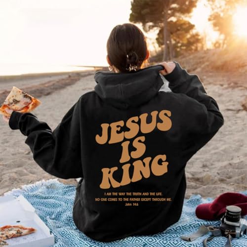 PANOZON JESUS IS KING Hoodie Christian Faith Religious God Tops Man Woman Pullover Sweatshirt Longsleeve - color: 1-black, size: Large