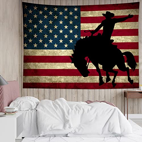LB Western Cowboy Tapestry Vintage American Flag Tapestry for Bedroom Cool Man on Black Horse Tapestries Wall Hanging for Living Room College Dorm Wall Decor,59x51 inches - color: Black Red, size: 51"L x 59"W