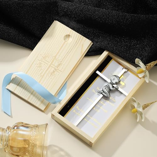 Baptism Gifts for Boys & Girls,First Communion Gifts for Kids,Christening Baby Shower Party 6in Praying Cross (1pc Silver Boy with Wooden Box) - color: Blue