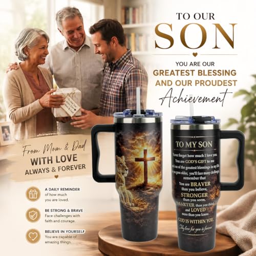To My Son Gifts from Mom, Fathers Day Gift For Son, Graduation Birthday Gifts For Son, 40 Oz Coffee Tumbler With Handle, Adult Son Coffee Mug, Christian Lion Cross - color: Gifts for Son
