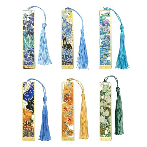 Esoes 6-Pack Metal Bookmarks with Tassels, Gold-Tone Oil Painting Designs