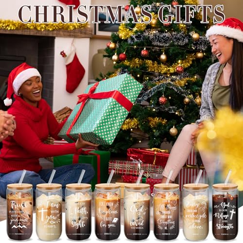 Skylety 32 Sets Christian Glass Cups for Women with Lids Straws Brushes