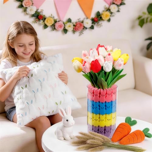 ALFEVA Easter Decorations-Vase in Vase 15pcs Artificial Tulips and 56 Peeps Bunnies Filler, Easter Vase Set Ready to Display,Spring Decorations for Home Table - size: 4.7"/2.7" Vase with 15 Tulips & Bunny
