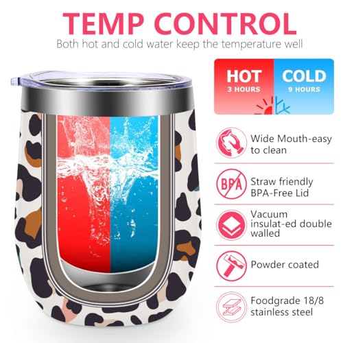 Leopard Print 12 oz Insulated Wine Tumbler with Lid, Cheetah Print Gifts - color: Leopard Print