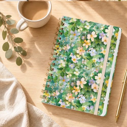 Green Floral Lined Spiral Notebook, Pretty Hardcover Journal 6'' x 8.4'', Watercolor Notebook for Women, Work, Writing, Journaling Gift - color: floral-03
